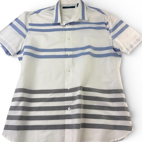 Perry Ellis Men’s Large Short Sleeve Button Down Shirt White Blue Striped L - Picture 9 of 9